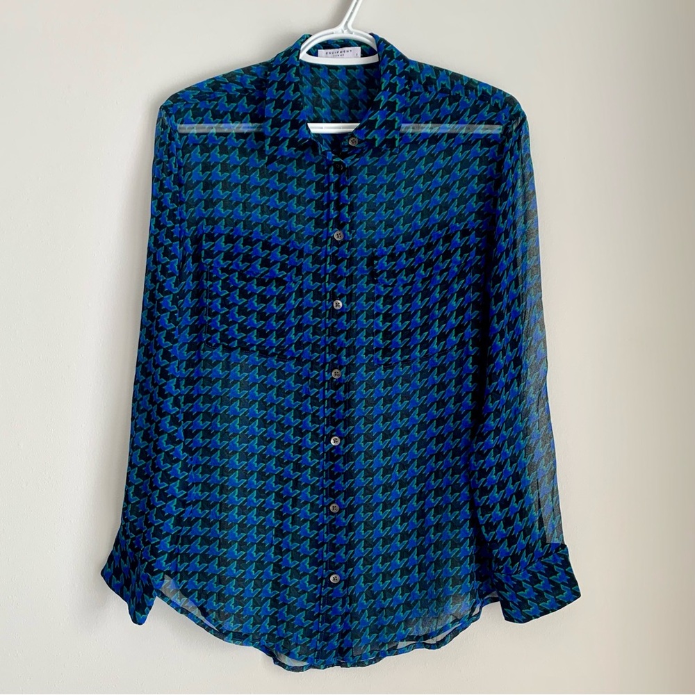 Equipment Silk Sheer Houndstooth Pattern Blouse, Size S